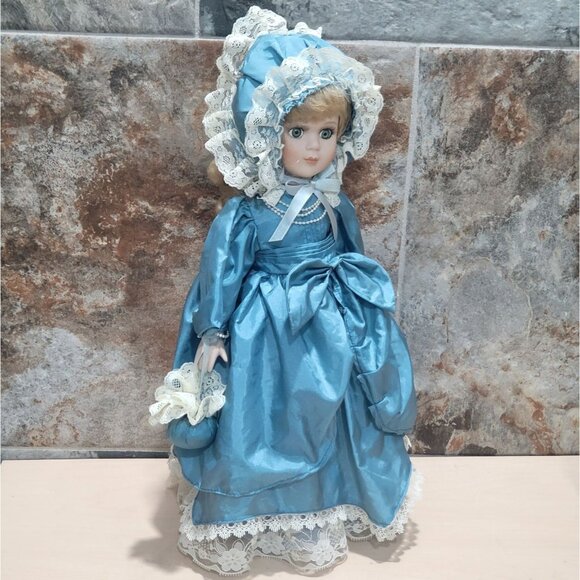 VTG Porcelain Doll Green Eyes Blue Satin Dress White Lace Trim Matching Bonnet - Picture 3 of 14